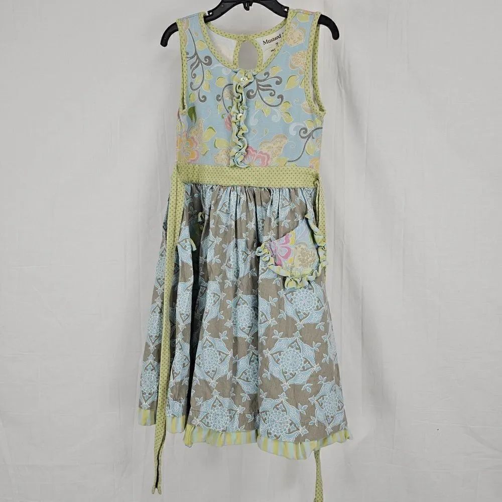 Mustard Pie Girls Size 7 Green Blue Gray Floral Damask Like Print Summer Sun